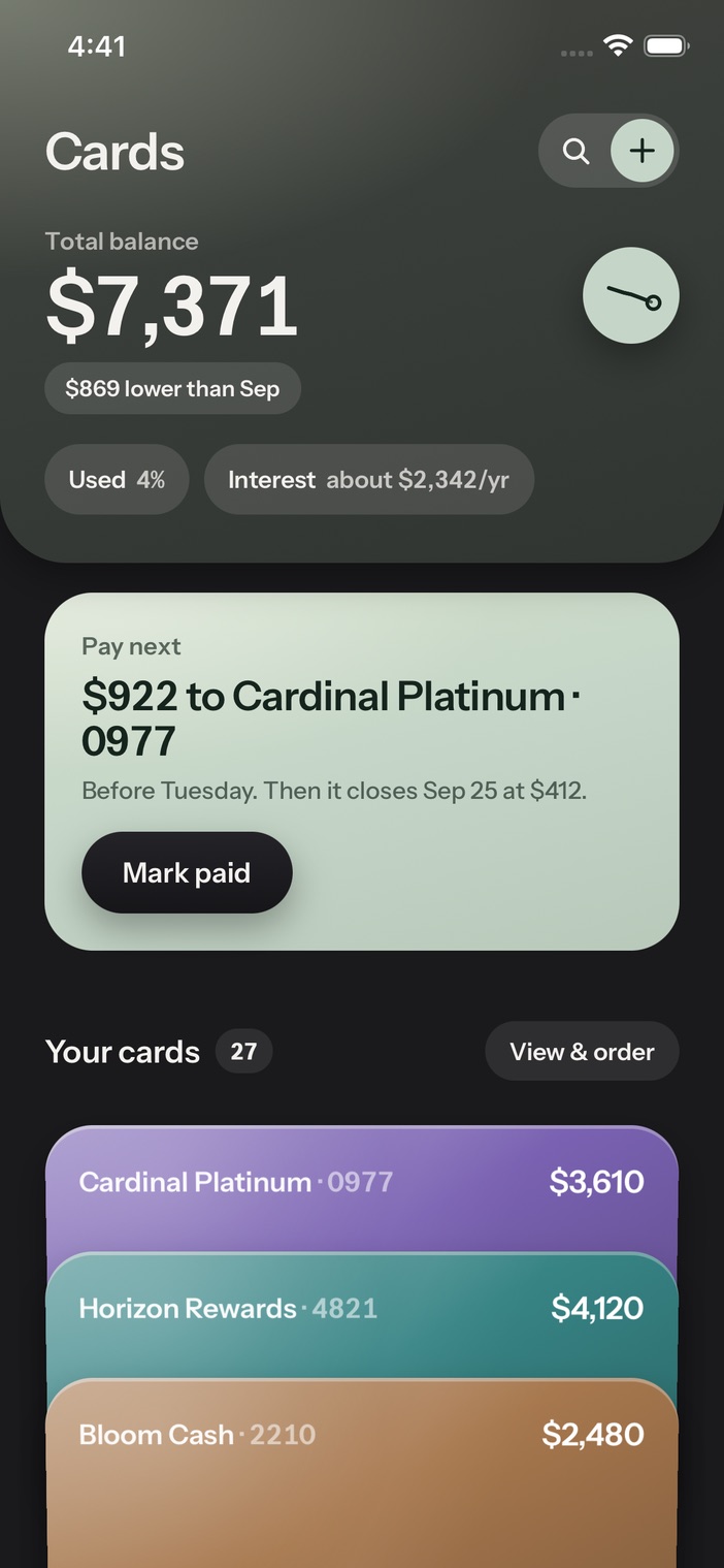 The Cards screen: the total balance, the card to pay next, and every card in a stack.